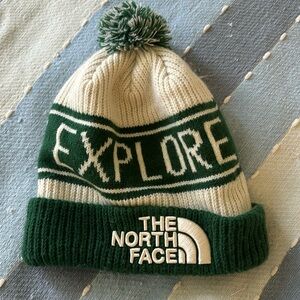 North Face Unisex White and Green Pom Beanie